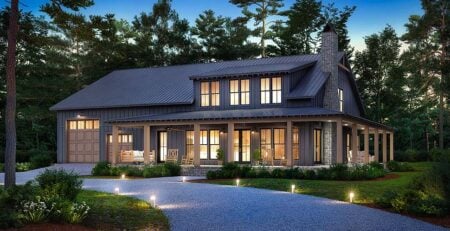 Barndominium-Style Modern Farmhouse Plan 82913 front rendering with two-story design and attached 4-car garage