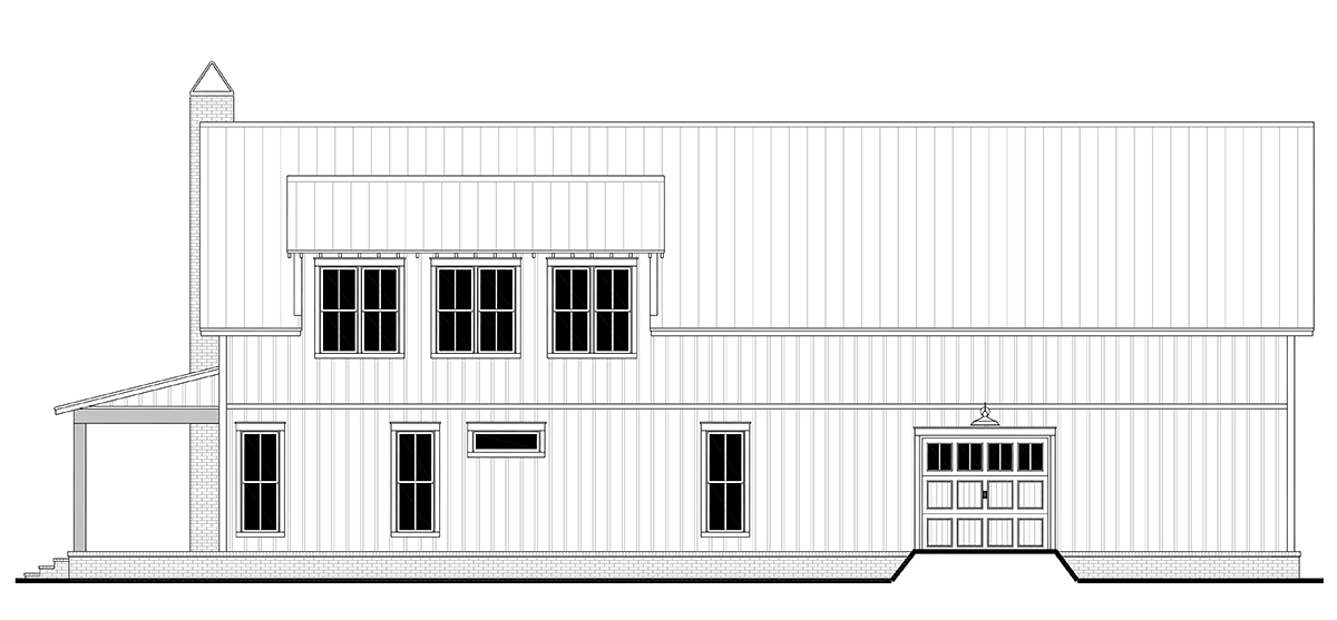 Rear elevation of Barndominium-Style Modern Farmhouse Plan 82913 with corner porch and outdoor access from main living spaces