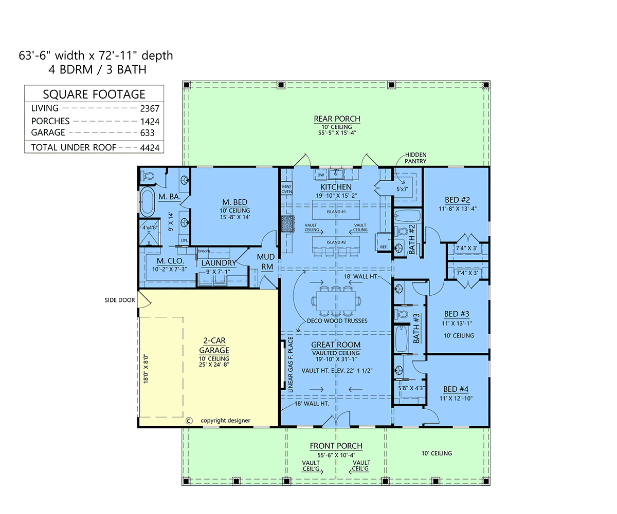 Floor plan of Barndominium House Plans 84712 showing 4 bedrooms open living area and attached 2 car garage