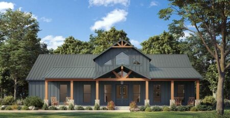 Barndominium House Plans front rendering of Plan 84712 with covered porch and attached 2 car garage