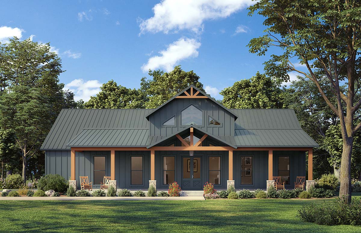 Barndominium House Plans front rendering of Plan 84712 with covered porch and attached 2 car garage