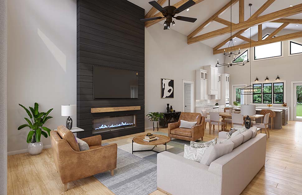Great room interior rendering of Barndominium House Plans 84712 with vaulted ceiling and fireplace