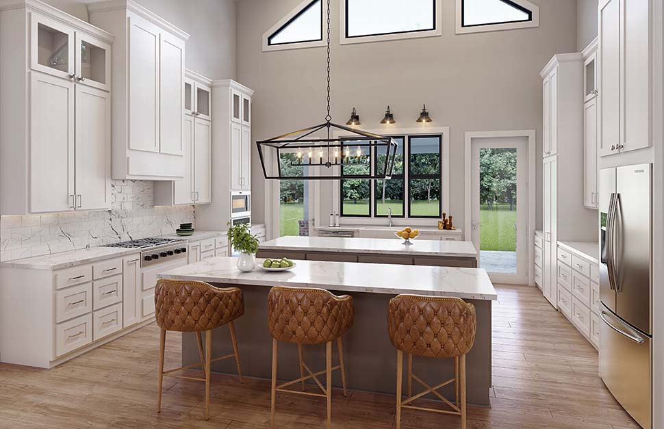 Kitchen interior rendering of Barndominium House Plans 84712 with two islands and walk in pantry