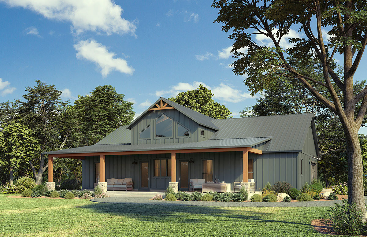 Rear elevation of Barndominium House Plans 84712 showing deep covered rear porch