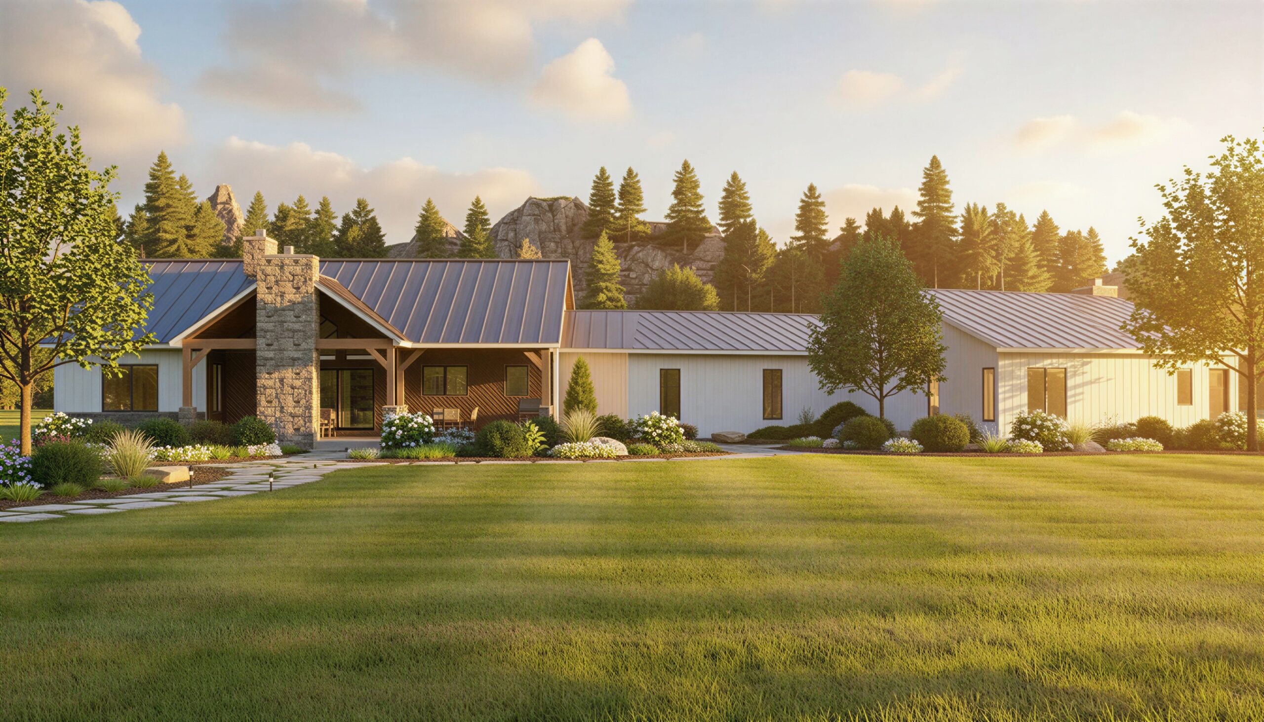 Rear elevation rendering of modern multi-family home Plan 100749 with covered porch and outdoor fireplace