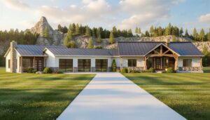 Modern multi-family home Plan 100749 front rendering with farmhouse barndominium design and attached three-car garage
