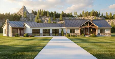 Modern multi-family home Plan 100749 front rendering with farmhouse barndominium design and attached three-car garage