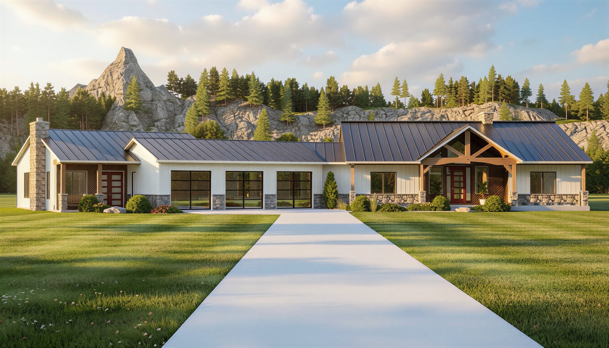 Modern multi-family home Plan 100749 front rendering with farmhouse barndominium design and attached three-car garage