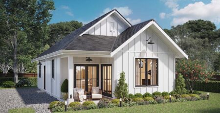 Country Farmhouse Cabin Plan 42921 front rendering with covered porch and narrow lot farmhouse design
