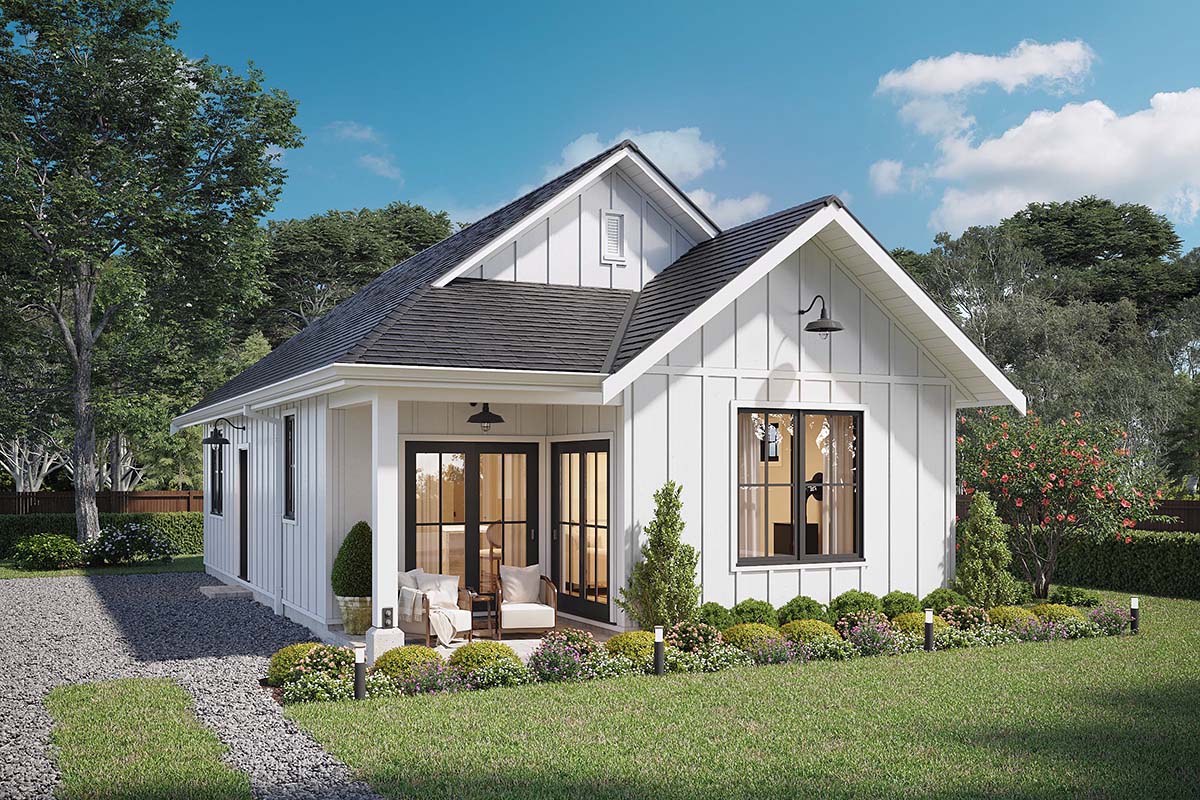 Country Farmhouse Cabin Plan 42921 front rendering with covered porch and narrow lot farmhouse design
