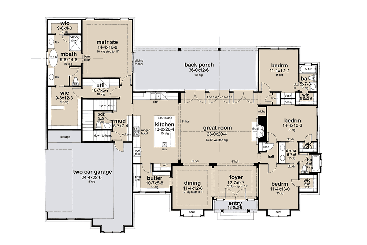 First floor plan of Modern Farmhouse Plan 75180 showing split-bedroom layout open living and covered rear porch