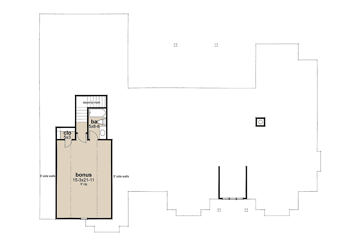 Bonus room floor plan of Modern Farmhouse Plan 75180 above the garage with flexible future living space