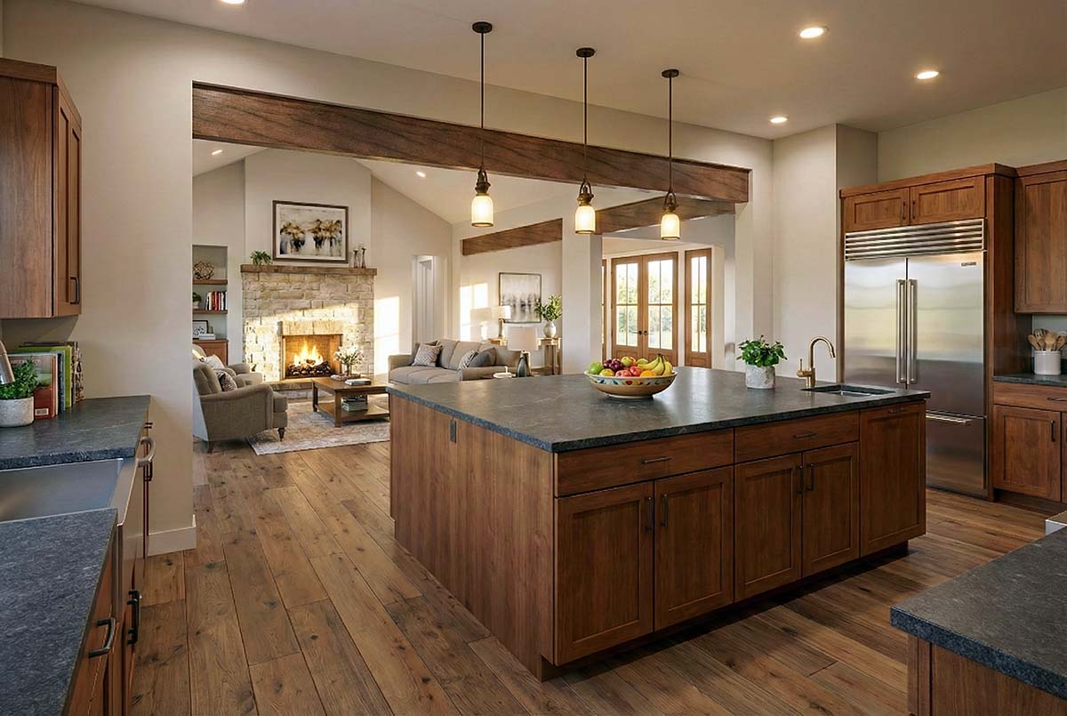 Kitchen interior of Modern Farmhouse Plan 75180 with oversized island and butler walk-in pantry