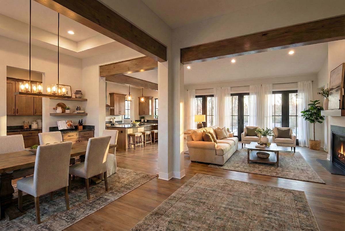 Great room interior of Modern Farmhouse Plan 75180 with fireplace open layout and natural light