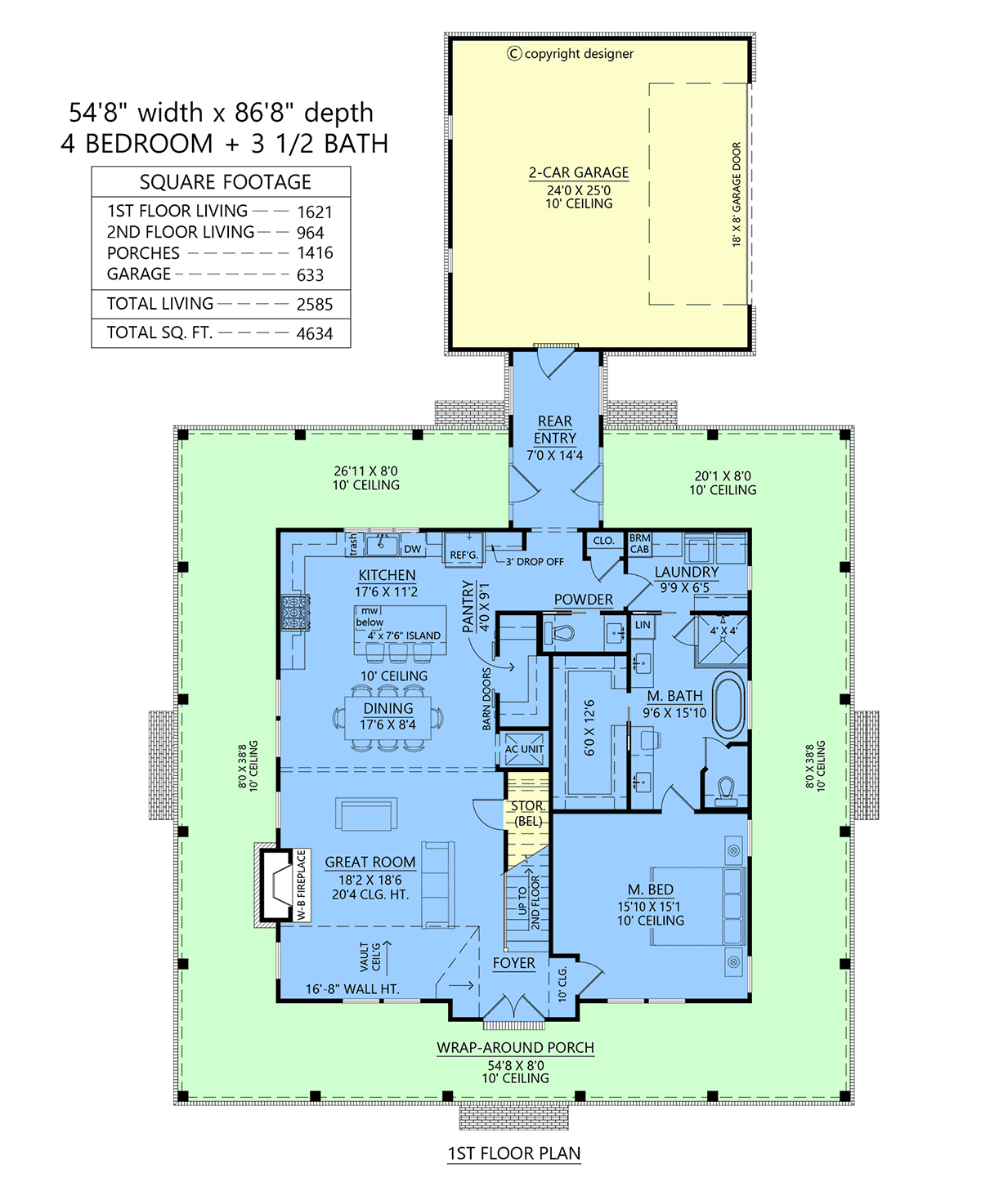 First floor plan of Country Farmhouse Plan 84721 showing open living spaces and first-floor primary suite