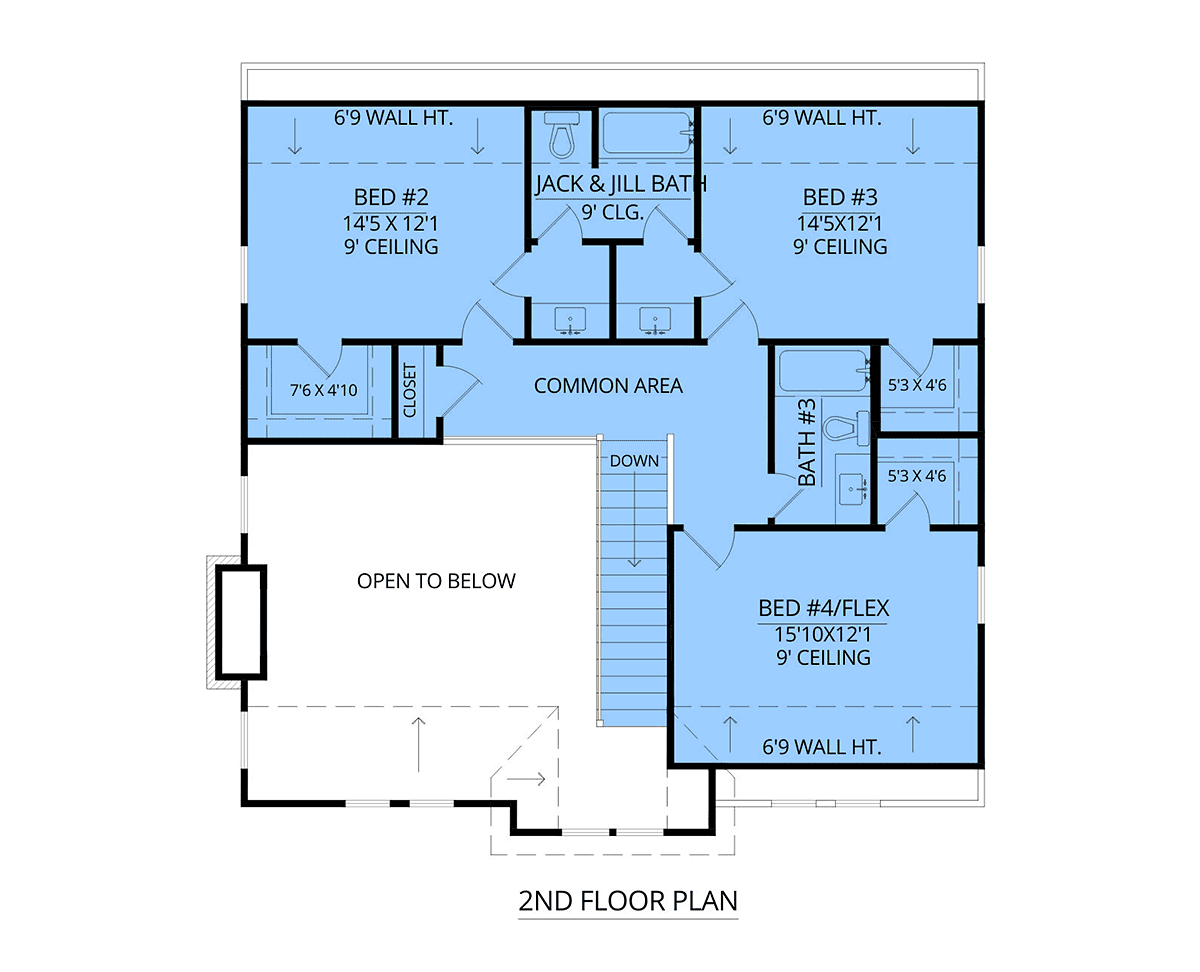 Second floor plan of Country Farmhouse Plan 84721 showing secondary bedrooms and upper living space