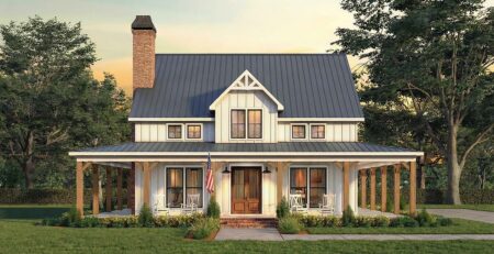 Country Farmhouse Plan 84721 front rendering with wrap around porch and attached two-car garage