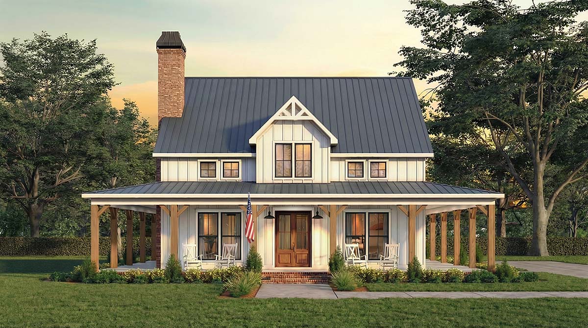 Country Farmhouse Plan 84721 front rendering with wrap around porch and attached two-car garage