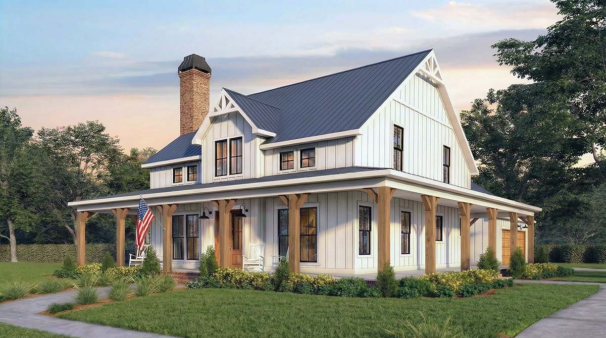 Angled exterior rendering of Country Farmhouse Plan 84721 showing porch depth and side elevation