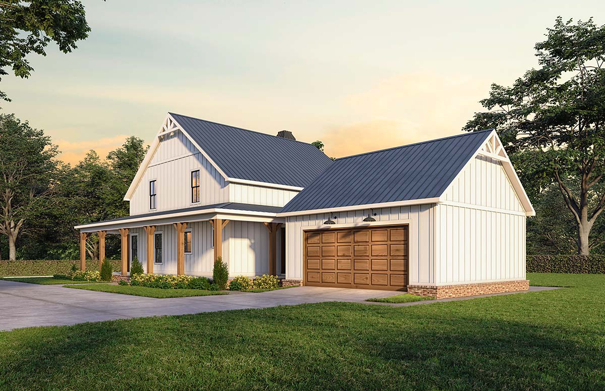Exterior rendering of Country Farmhouse Plan 84721 highlighting wrap around porch and rear massing