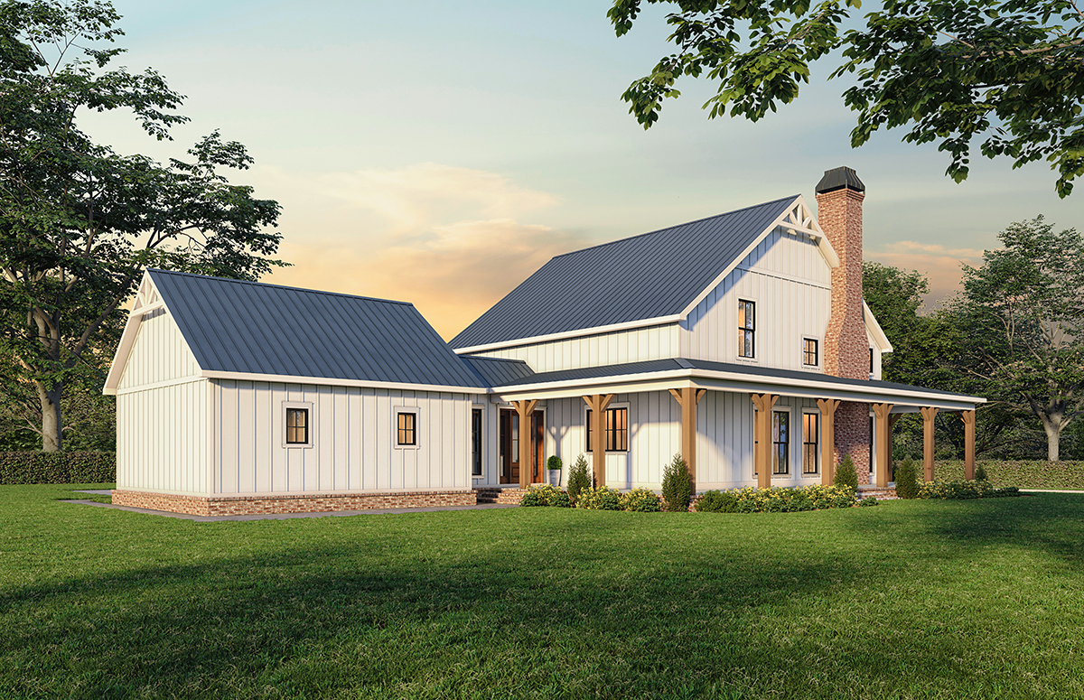 Rear elevation rendering of Country Farmhouse Plan 84721 with wrap around porch and outdoor living space